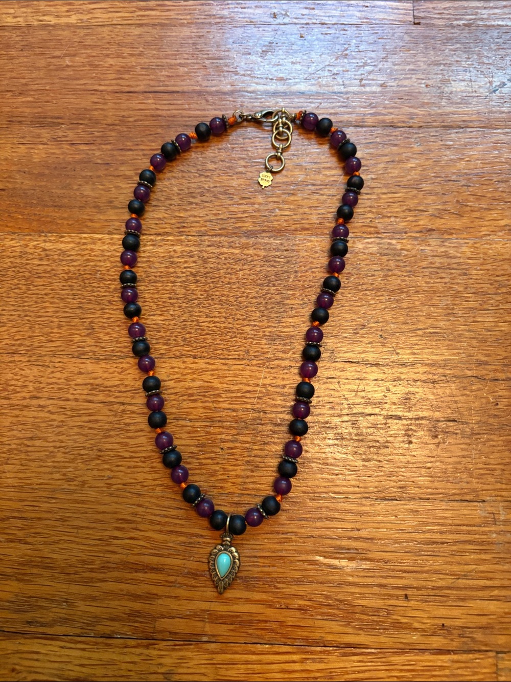 Lucky Brand Purple & Black Beaded Necklace with Turquoise Teardrop Pendant